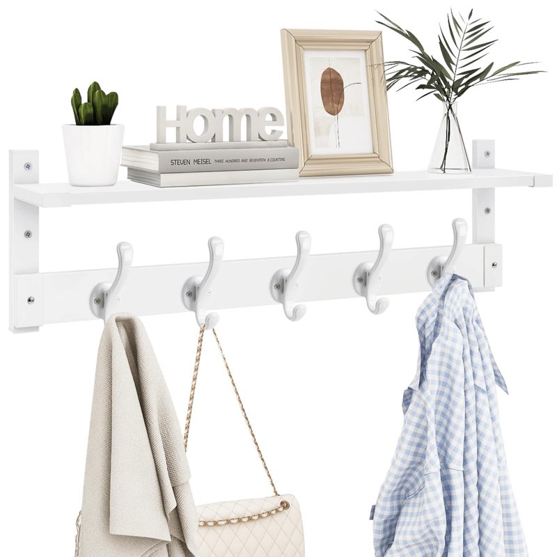 homode coat rack with shelf, 29' wall shelf with hooks underneath, wooden entryway floating shelf hanging coat hanger for bathroom, living room, bedroom, hallway, white
