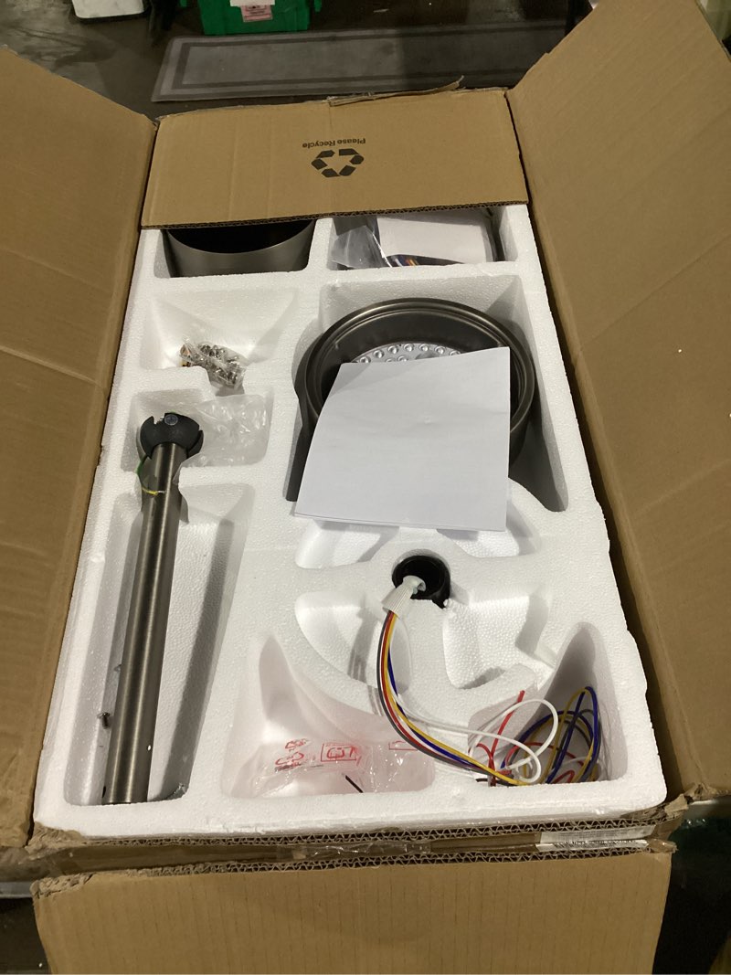 Condition photo showing As Is for wingbo 54" abs dc ceiling fan with lights, 5 blade abs wood grain ceiling fan with remote, 6-speed reversible dc motor, led ceiling fan for kitchen bedroom living room, antique nickel and grey