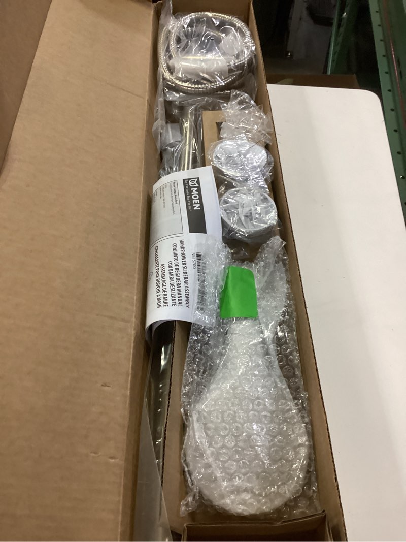 Condition photo showing New/Like New for moen brushed nickel eco-performance 5-function handheld removable shower head, adjustable 30-inch slide bar and 69-inch long hose, 3558epbn