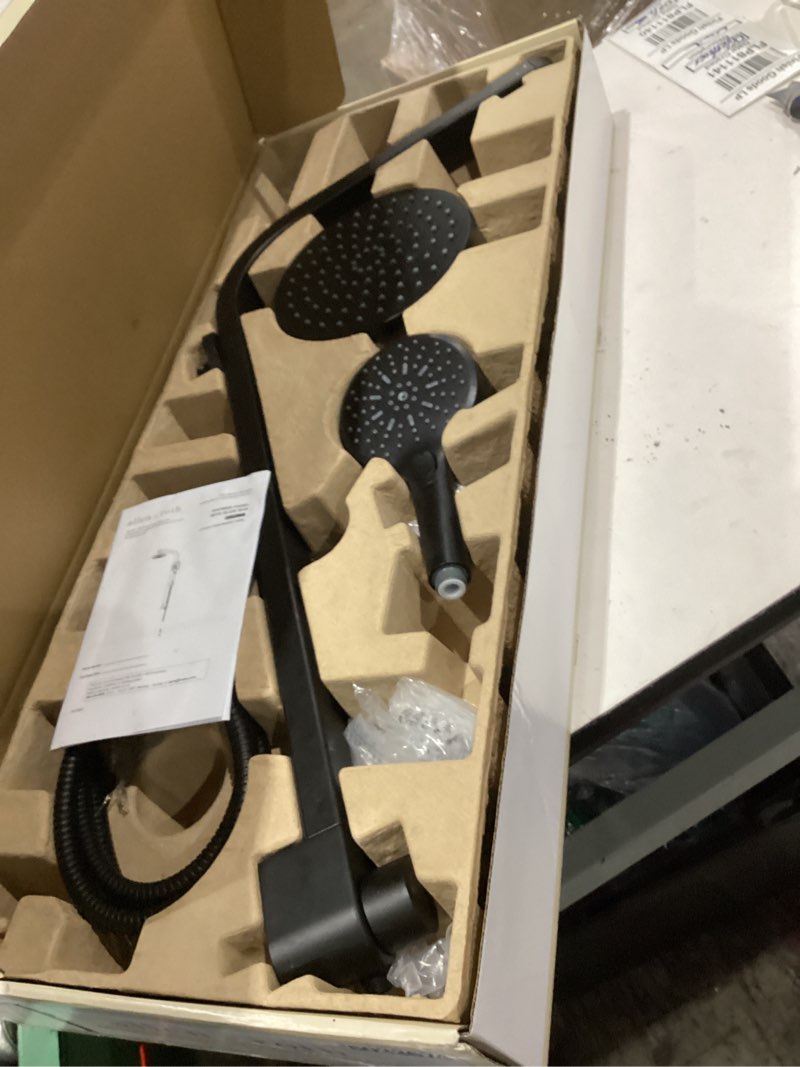 Condition photo showing As Is for allen + roth drexler black 7.87-in dual head shower panel system with 3-way diverter