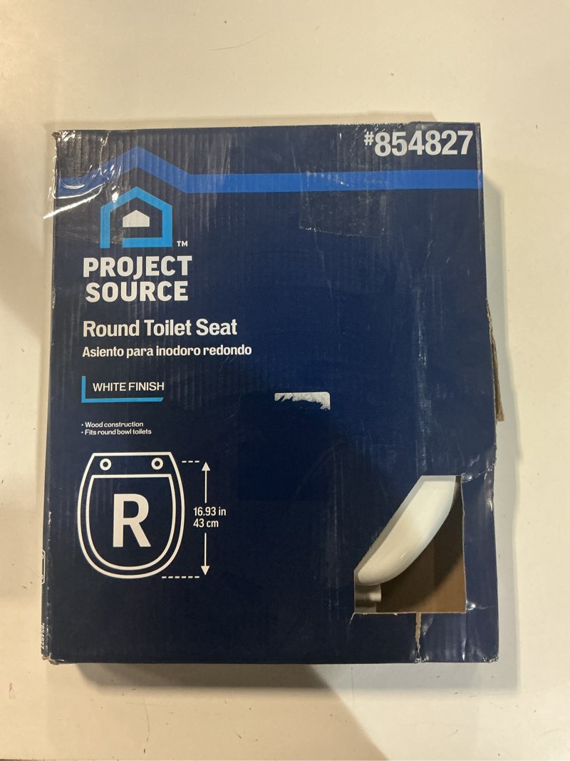 Condition photo showing As Is for project source round toilet seat (model #854827) in a white finish broke at hinge