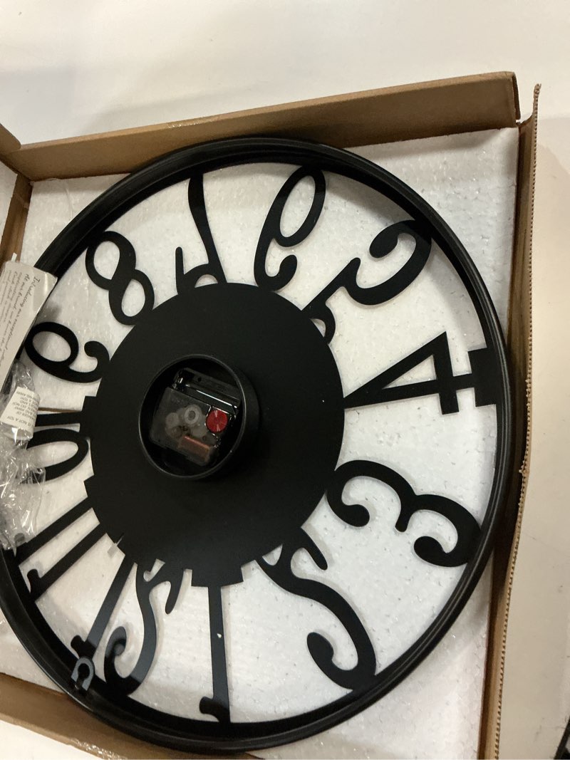Condition photo showing Good Condition for maxstar round wall clock for living room decor battery operated non ticking black metal wood clocks for home living room garden office kitchen decoration -16 inch black-arabic numerals 16 inch