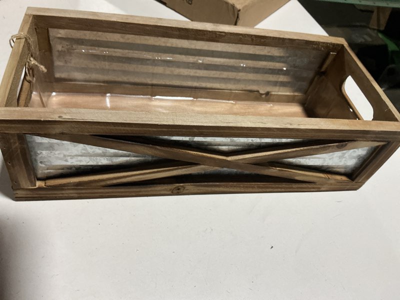 Condition photo showing Good Condition for wooden toilet tank basket, rustic bathroom decor box, farmhouse toilet paper organizer holder, decorative bathroom storage basket, barn door (brown)