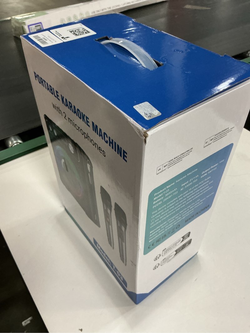 Condition photo showing New/Like New for Karaoke Machine, Portable Bluetooth Karaoke Speaker with 2 Wireless Microphones, PA System for Adults Kids with LED Lights & Echo Adjustment, Supports TWS/TF/USB/AUX for Home Party T03-L