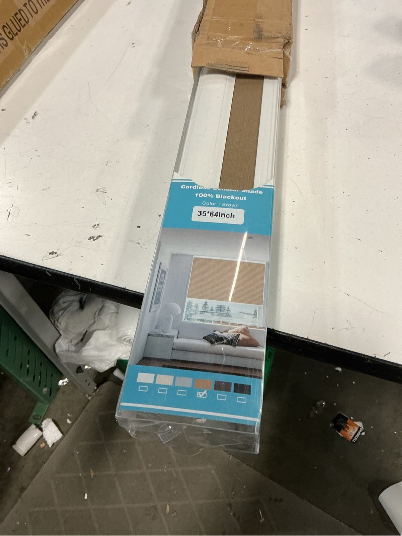Condition photo showing Good Condition for myshade cordless blackout cellular shades, 1.5" honeycomb window blinds for bedroom & nursery, thermal insulated, noise reducing, privacy shades, inside or outside mount (35" w x 64" h, light brown) light brown-blackout 35" w x 64" h