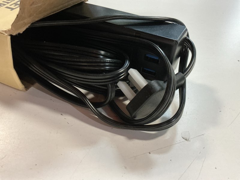 Condition photo showing Good Condition for 15ft long extension cord, superdanny flat plug surge protector power strip, 6 outlets & 3 usb ports, desk charging station for home office, college dorm room essentials 15ft black