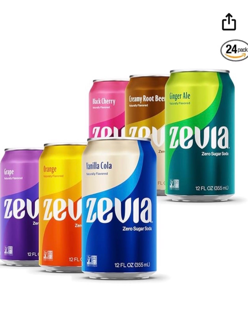 Condition photo showing New/Like New for Zevia Zero Sugar Soda, Rainbow Variety Pack, 12 oz Cans (24-Pack) – Naturally Sweetened, Non-GMO Project Verified, Gluten-Free, Vegan