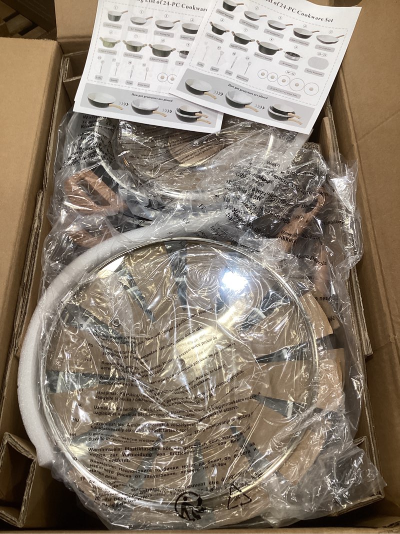 Condition photo showing New/Like New for 24 pcs pots and pans set non stick ceramic cookware set with 3 stockpots, white interior black exterior, healthy non-toxic, large capacity, induction compatible, pfas/ptfe/pfoa free 24pcs set black/white