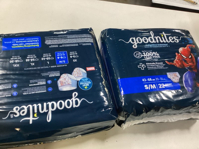 Condition photo showing New/Like New for goodnites boys nighttime underwear, size s/m, 44 ct, 2 packs of 22 small/medium 44
