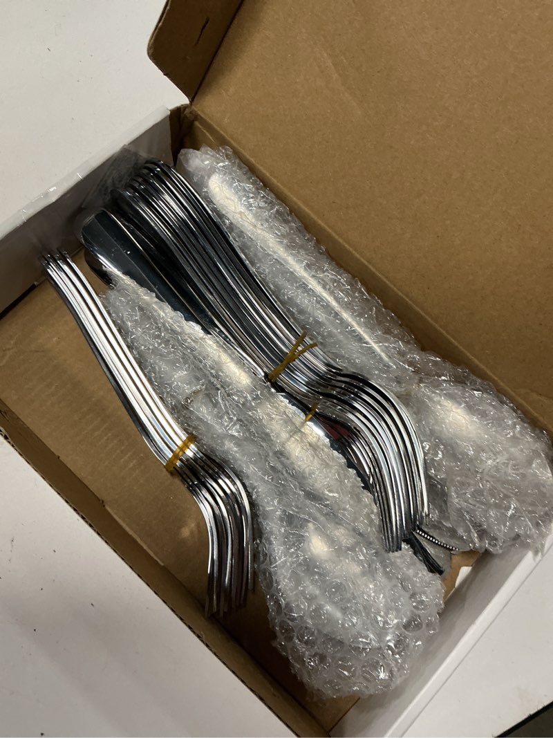 Condition photo showing Good Condition for kikcoin 40 pack silverware set for 8, food-grade stainless steel flatware set, heavy duty mirror polished cutlery utensils set with knives spoons and forks set for home kitchen restaurant wedding silver 40 pack