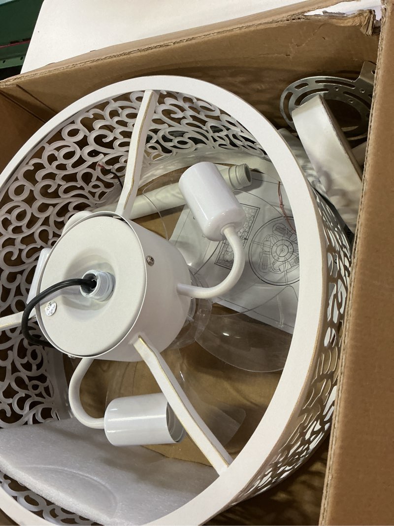 Condition photo showing As Is for COCOSTAR Small Farmhouse Ceiling Fan with Light and Remote, 15in White Caged Fandiliers with Lights for Kitchen, Bedroom?4 Speed, Timing?