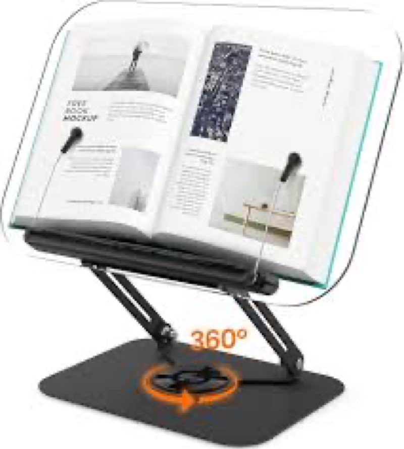 Honagu Book Stand for Reading, Adjustable Book Holder with 360 Degree Rotating Base & Page Clips, Ha