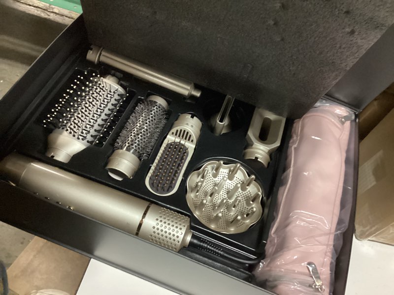 Condition photo showing Good Condition for 8-in-1 dual voltage hot air styler & hair dryer brush with straightener & curler attachments, 110,000 rpm ionic fast drying for frizz-free styling, includes travel bag champagne gold
