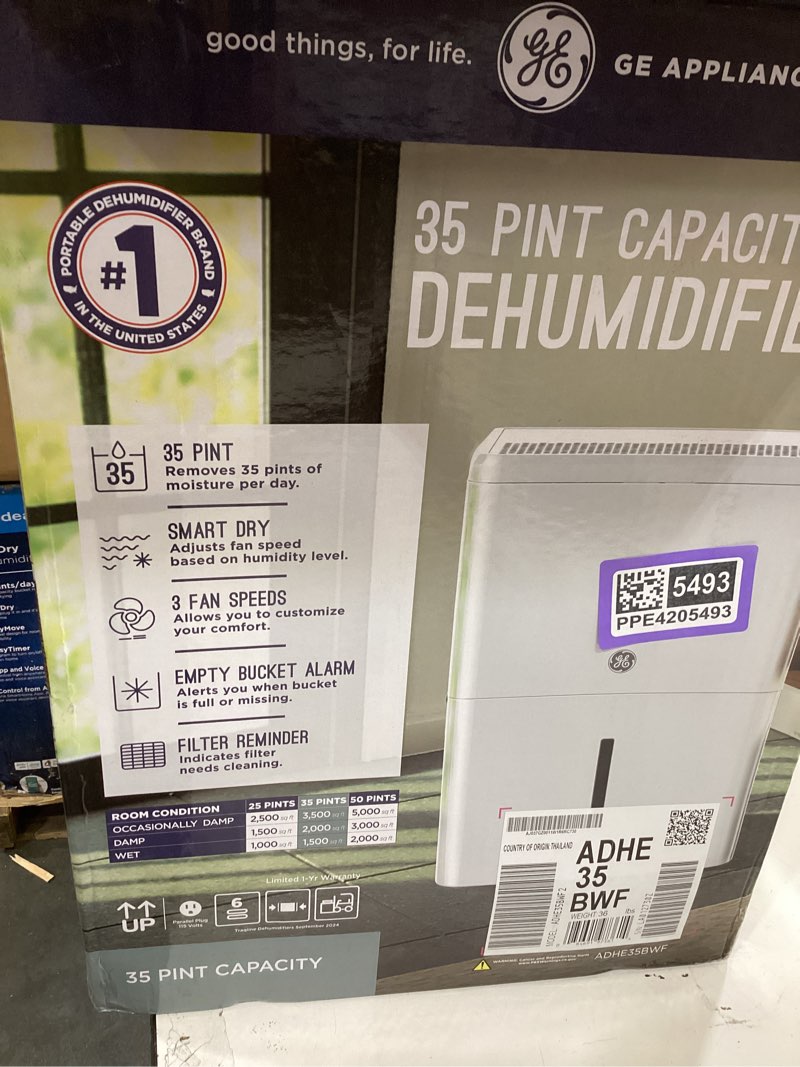 Condition photo showing As Is for ge portable dehumidifier 35 pint, perfect for bedroom, basement & garage or rooms up to 3000 sq ft, ideal for high humidity areas, complete with empty bucket alarm & clean filter alert 35 pint - standard