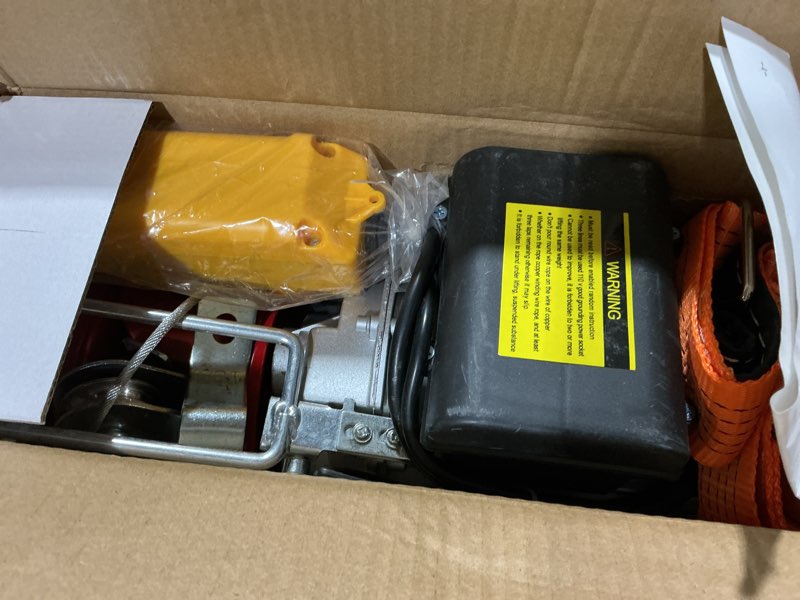 Condition photo showing Good Condition for 880 lbs lift electric hoist, wire remote control power system110v winch overhead crane garage ceiling pulley steel cable with 2 lift slings straps