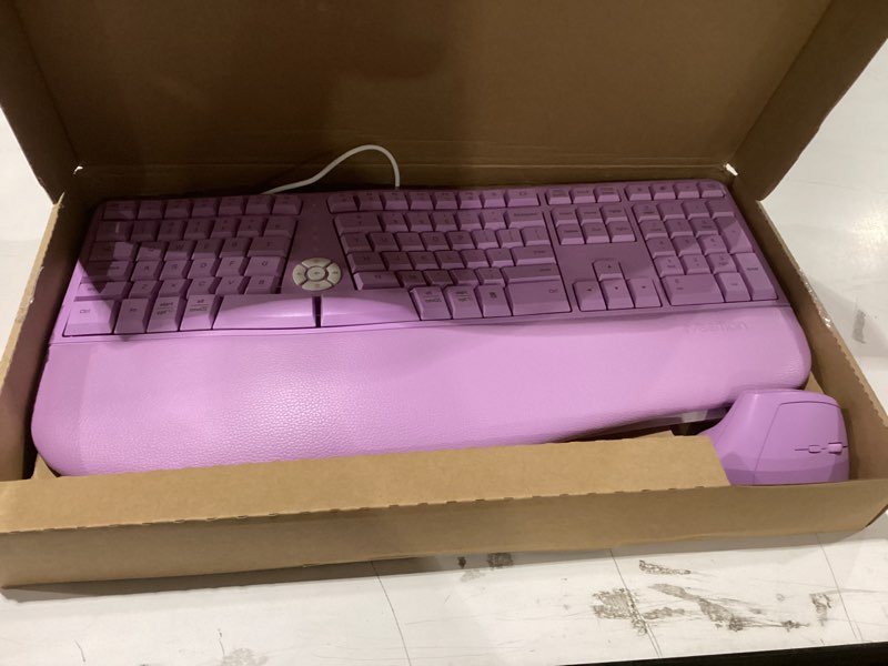 Condition photo showing New/Like New for meetion ergonomic keyboard and mouse combo, 2.4g cordless split keyboard with cushioned palm rest, vertical wireless mousefor windows/mac purple
