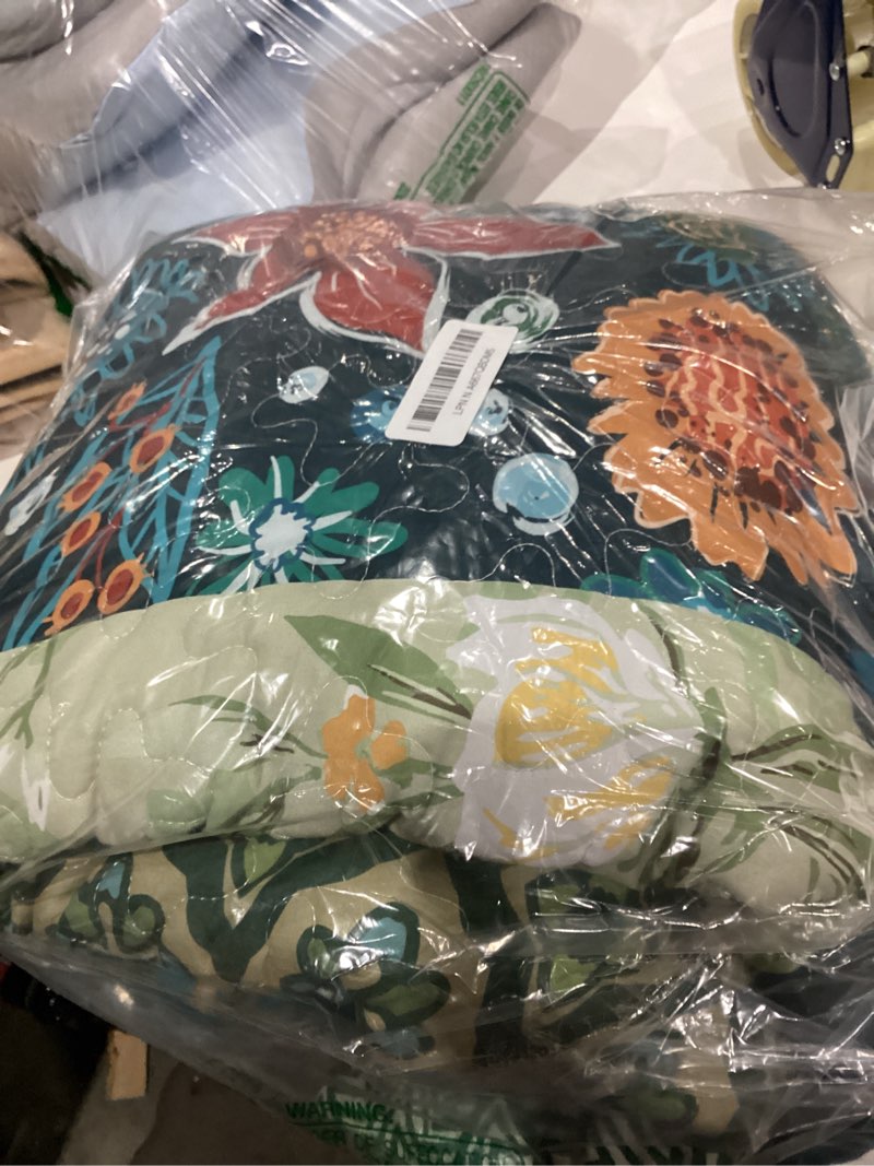 Condition photo showing As Is for DJY Patchwork Quilt Set King Size 3 Pieces Green Plaid Floral Bedspread Coverlet Set, Boho Turquoise Rustic Lightweight Reversible Bedding Quilt for All Season (110''x90'') Turquoise Green King