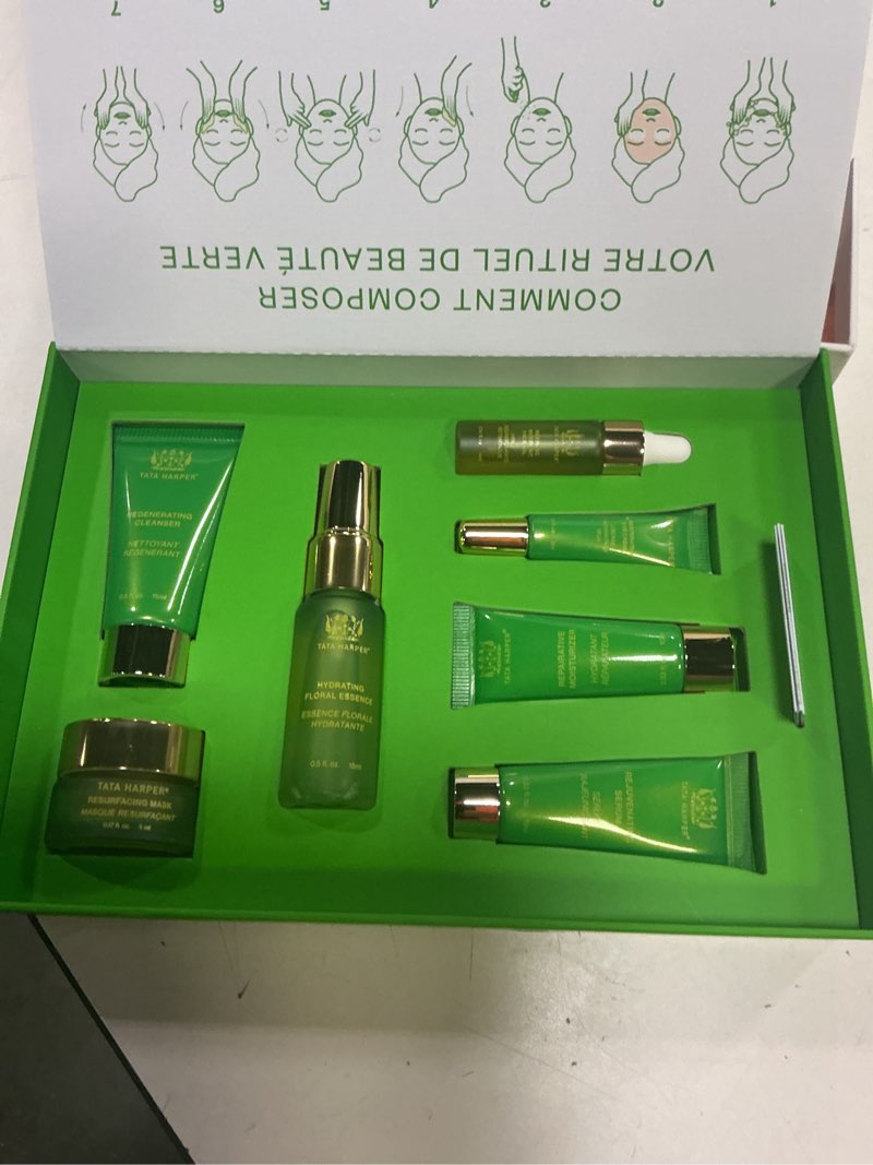 Condition photo showing New/Like New for tata harper daily essentials set, best selling skincare set, travel sized skincare, 7-step on-the-go