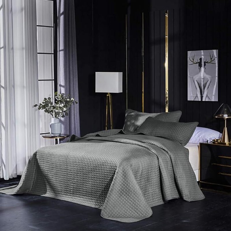 everest supply oversize king,cal king box stitch gray color quilted bedspread coverlet 118 by 106 in