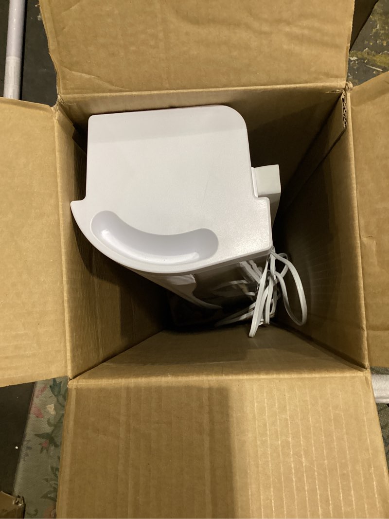 Condition photo showing As Is for vornado transom window fan with 4 speeds, remote control, reversible exhaust mode, weather resistant case, whole room, ice white