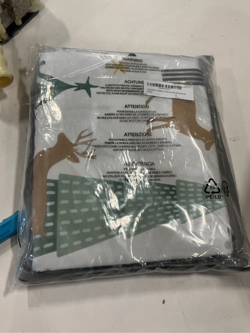 Condition photo showing New/Like New for Christmas Sheet Set Queen Size 4 Piece Green Christmas Tree Reindeer Holiday Bed Sheet Set, Soft Microfiber Fitted Sheet Deep Pocket Bedding Sheets and Pillowcase Set Winter Xmas Decor Green Trees Deers Queen