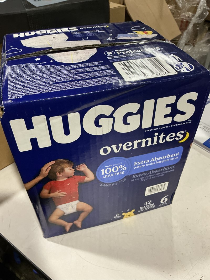 Condition photo showing New/Like New for huggies overnites size 6 overnight diapers (35+ lbs), 42 ct, packaging may vary
