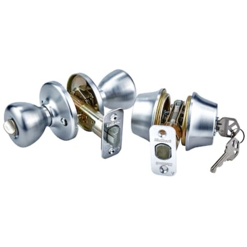 Condition photo showing As Is for kwikset tylo satin chrome exterior double-cylinder deadbolt and keyed entry door knob (incomplete)