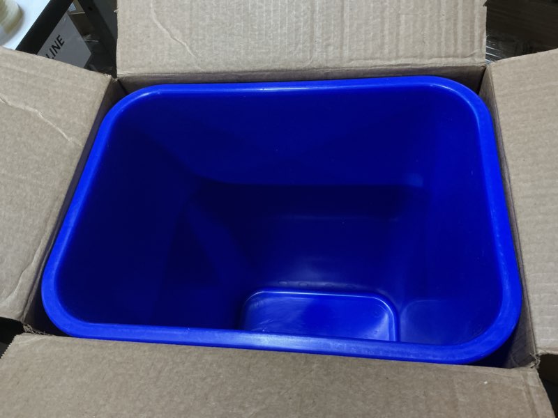 Condition photo showing New/Like New for amazon basics trash can, rectangular commercial office wastebasket, recycle logo, 10 gallon (pack of 1), blue blue 10 gallon (pack of 1)