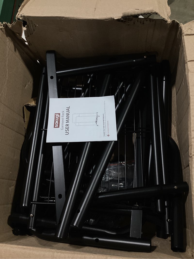 Condition photo showing As Is for sakugi clothes rack - double rods clothing rack with mesh shelf, hooks & wheels, metal clothing racks for hanging clothes & bags, multifunctional garment rack for laundry, black, 28.7" x 16.5" x 59.1" black large 28.7"w x 16.5"d x 59.1"h