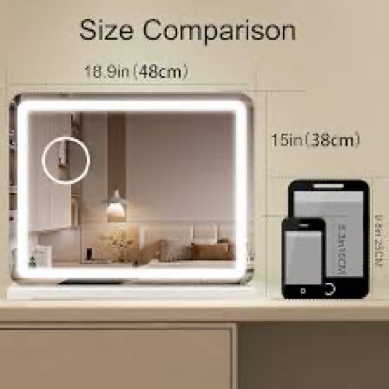 19" x 14" Makeup Mirror with Lights and 10X Magnification, 3-Color Dimmable LED Lighting & Touch Control, USB Charging Port for Travel/Dressing Room