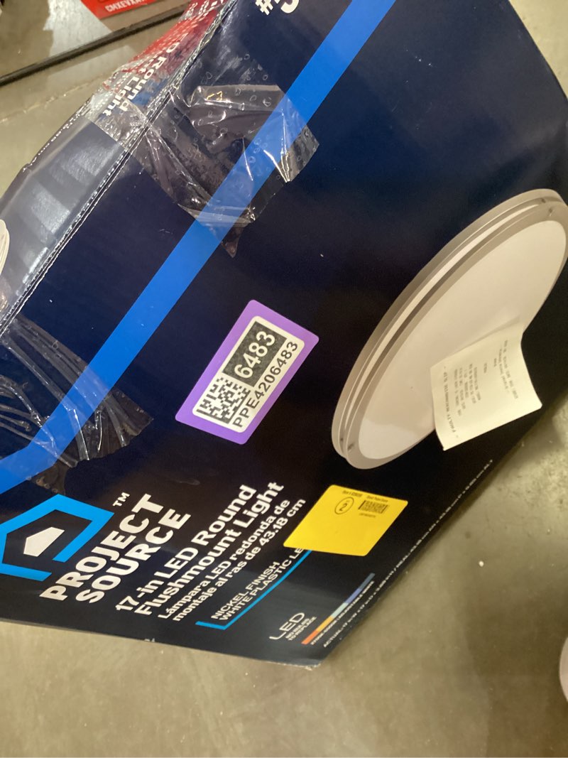 Condition photo showing As Is for 500+ bought last week project source 17-in brushed nickel indoor 1 -light led tunable white flush mount light with plastic shade item #5209286 | model #mxl1139-l42k9027n