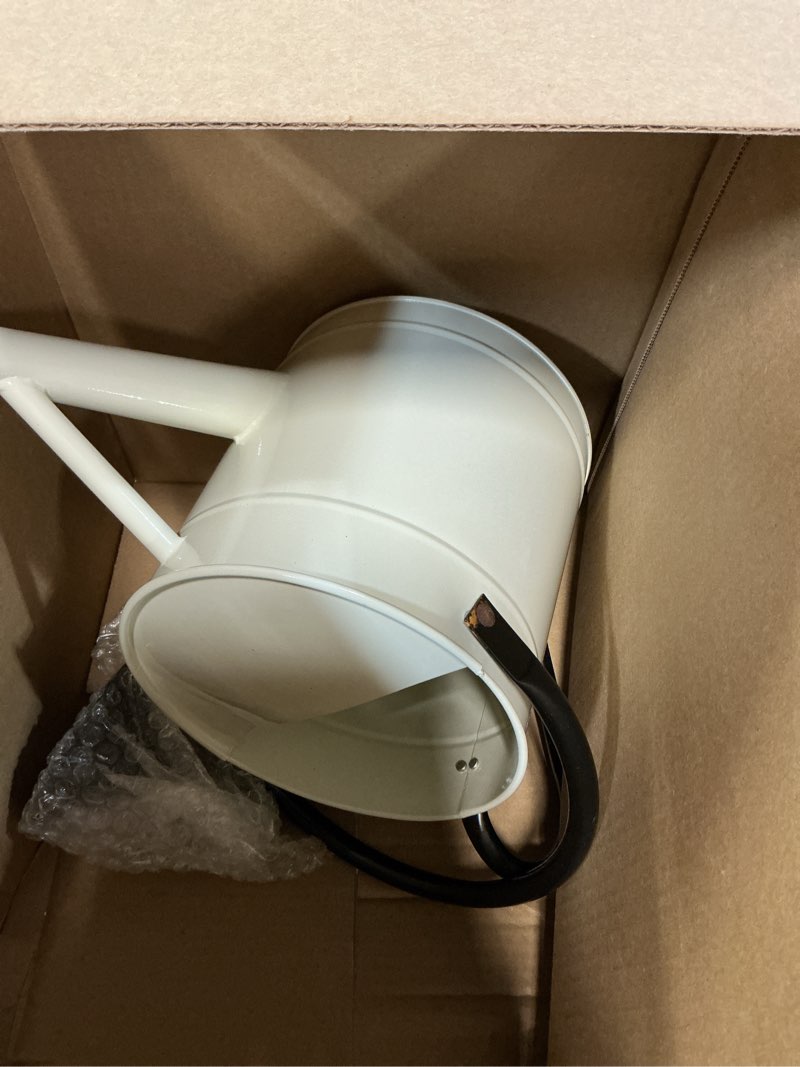 Condition photo showing As Is for Plexon 1 Gallon Metal Watering Can Outdoor, Flower Plant Gardening Garden Large Watering Can Pot, Black Galvanized Steel Handles and Removable Spray Spout, Off-White