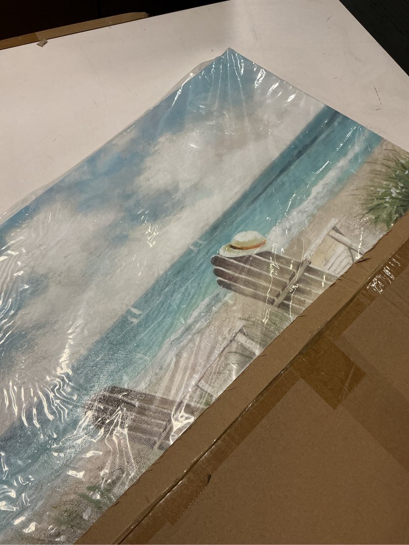 Condition photo showing New/Like New for Beach Canvas Wall Art Picture: Ocean Sea Painting Decor Coastal Chair Seaside Grass Artwork Wave Seascape Scene Print for Bathroom Bedroom Beach Chair 24L" x 18W"