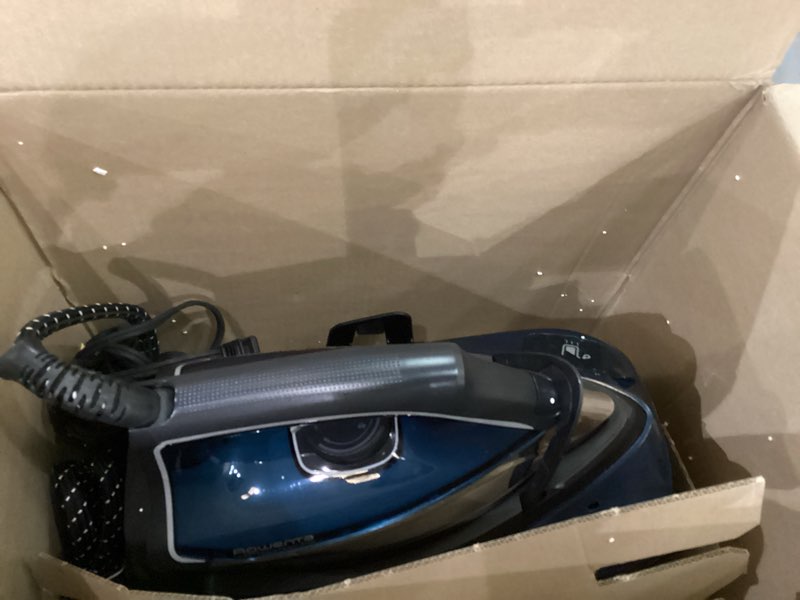 Condition photo showing As Is for Rowenta Steam Station, Stainless Steel Soleplate, Professional Iron Steamer for Clothes, 1.1L Removable Tank, Fast Heat Up, 1800 Watts, Blue Clothes Iron, DG8624 XL Steaming Sessions - High Pressure Steam