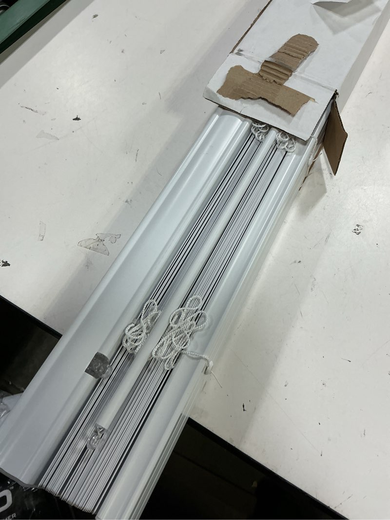 Condition photo showing As Is for project source premium 2-in slat width 39-in x 64-in cordless white vinyl room darkening horizontal blinds
