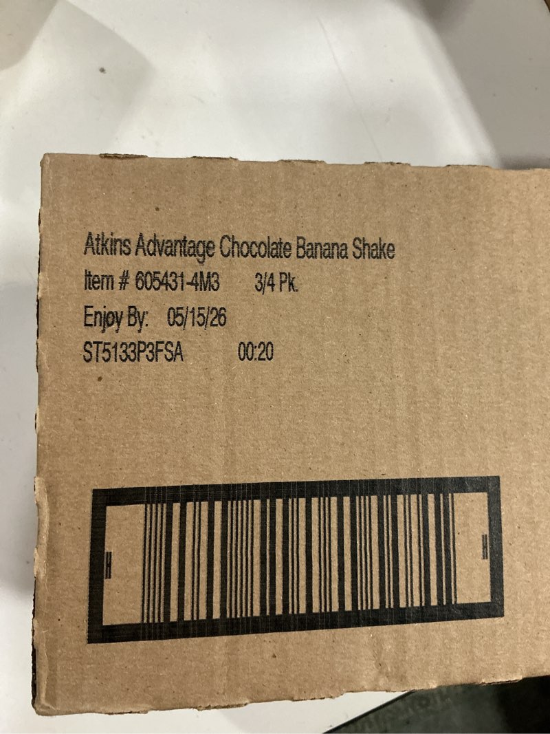Condition photo showing Good Condition for bbd: 05/2026- atkins chocolate banana protein shake, 15g protein, 5g net carbs, 1g sugar, low carb, high protein shake, banana breakfast protein shake, 4 pack (11 fl. oz each) chocolate banana 11 fl oz (pack of 12)