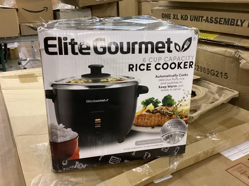 Condition photo showing As Is for Elite Gourmet ERC006SS 6-Cup Electric Rice Cooker with Stainless Steel Inner Pot, Makes Soups, Stews, Porridges, Grains and Cereals, 6 cup (3 cups uncooked), Black 6 Cups Cooked, Stainless Steel Black
