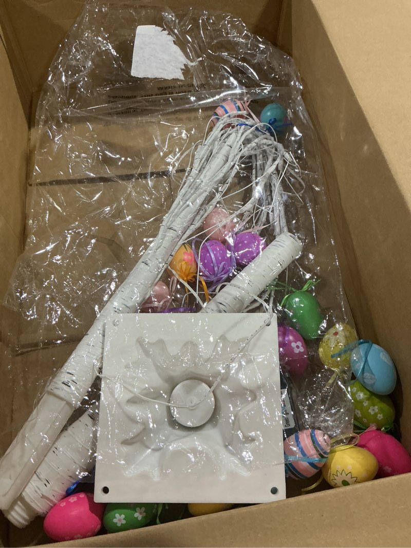 Condition photo showing New/Like New for aurelema 4 ft easter white birch tree with 48 led lights, usb powered timer, 24 hanging easter egg ornaments, tabletop artificial tree for indoor outdoor spring home decor(exquisite)