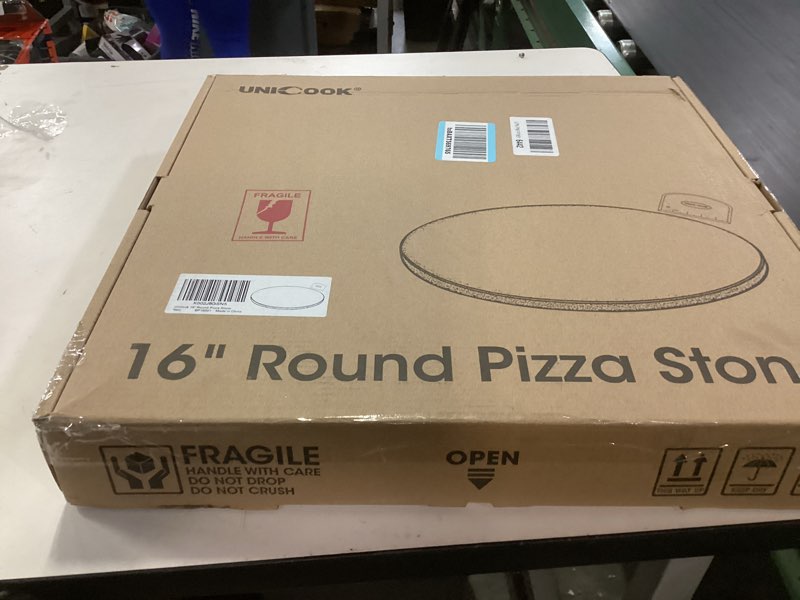 Condition photo showing New/Like New for Unicook 16 Inch Round Pizza Stone, Heavy Duty Cordierite Bread Baking Stone for Oven and Grill, Thermal Shock Resistant, Ideal for Baking Crisp Crust Pizza, Bread and More, Includes Scraper 16" Round
