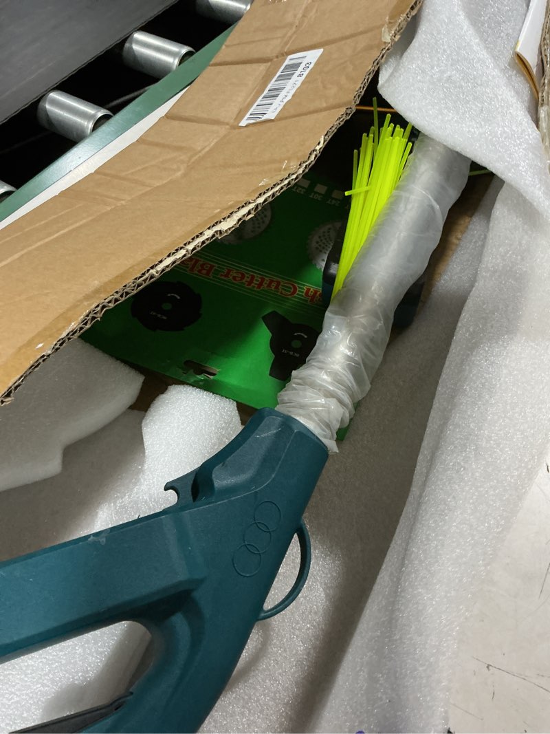 Condition photo showing As Is for electric string trimmer cordless with wheel, 1000w battery powered weed wacker, 2x4.0ah batteries, adjustable length, 4?in?1 lightweight grass trimmer/brush cutter/weed trimmer/edger tool