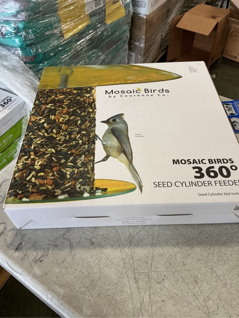 Condition photo showing item condition for Mosaic Birds 360 Degree Seed Cylinder Feeder  M391-200  15 Inch wide  Clear