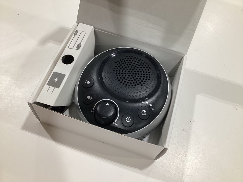 Condition photo showing As Is for sound machine loud white noise machine nonstop brown noise sleep machine 30 soothing sounds for baby kids adults pink noise sounds machine 36-level vol 4 timer memory function for home travel office black