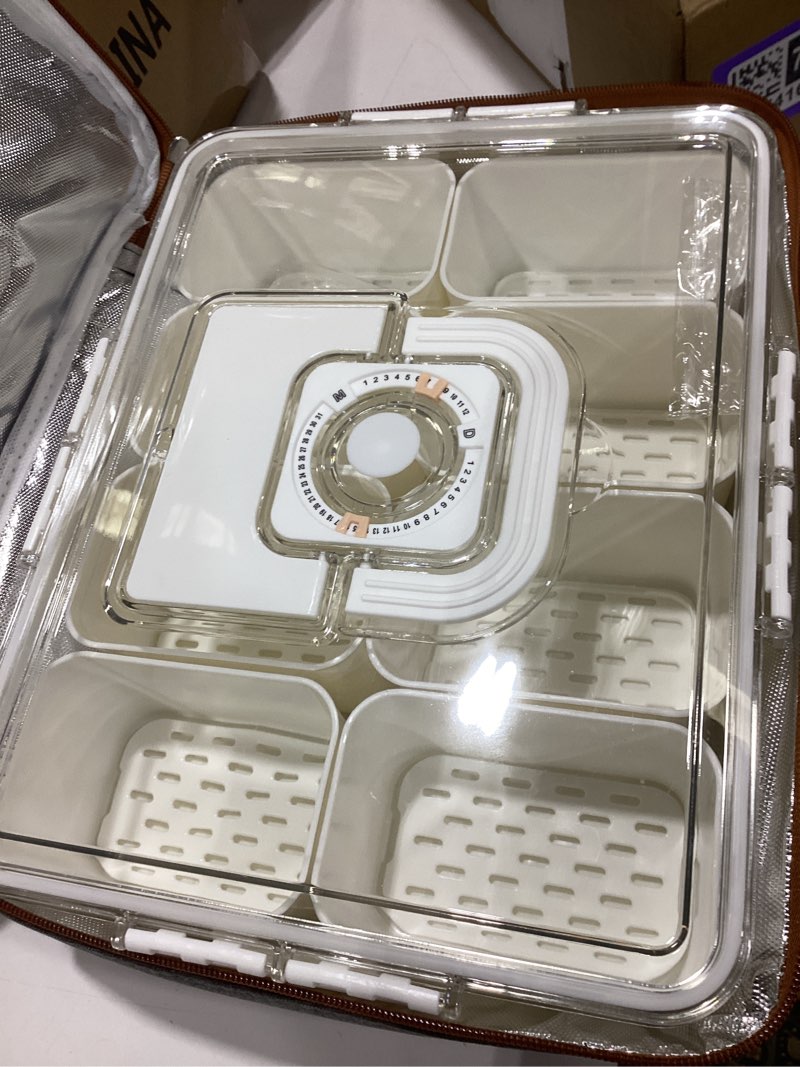 Condition photo showing Good Condition for chilled snackle box container with ice pack, bonus insulated bag charcoolerie chilled portable serving tray, 8 compartment snack container for charcuterie snack road trip picnic essentials container w/bag