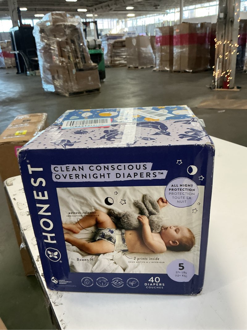 Condition photo showing New/Like New for The Honest Company Clean Conscious Overnight Diapers for Sensitive Skin, Hypoallergenic Fragrance-Free Baby Diapers, Cozy Cloud and Star Signs Design, Club Box, Size 5 (27+ lbs), 40 Count Size 5 40