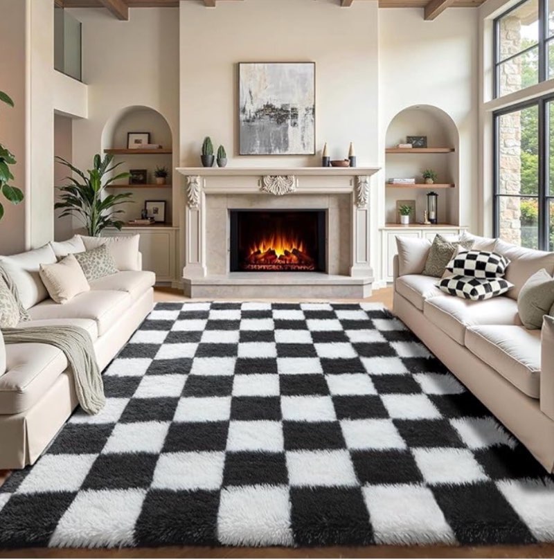 kicmor 8x10 area rugs for living room, large fluffy checkered rug for bedroom, soft plush black and white big fuzzy shag shaggy carpets for kids boys girls teen dorm nursery home decor aesthetic