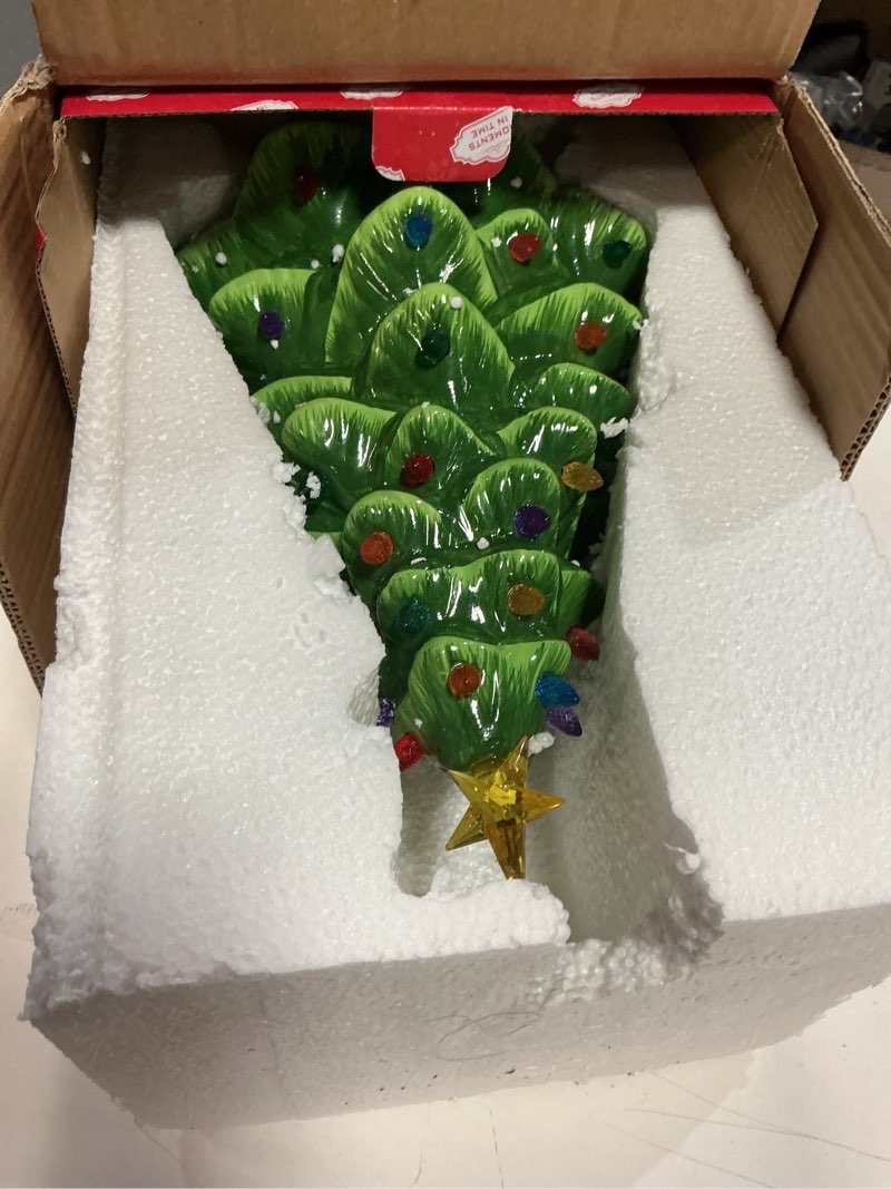 Condition photo showing Good Condition for Ceramic Christmas Tree 14”H by Moments in Time LED Lighted Vintage Inspired Tabletop Décor with Multicolor Bulbs Star Battery Operated Holiday Centerpiece Gift-Ready Holiday Packaging