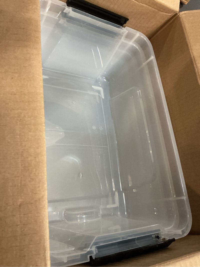 Condition photo showing Good Condition for IRIS USA 4-Pack Storage Bins with Lids, 13 Quart, Made in USA Stackable See-Through Organizing Solution Latches Durable Nestable Containers Secure Pull Handle, BPA-Free Plastic Clear 13 Qt 4 Pack