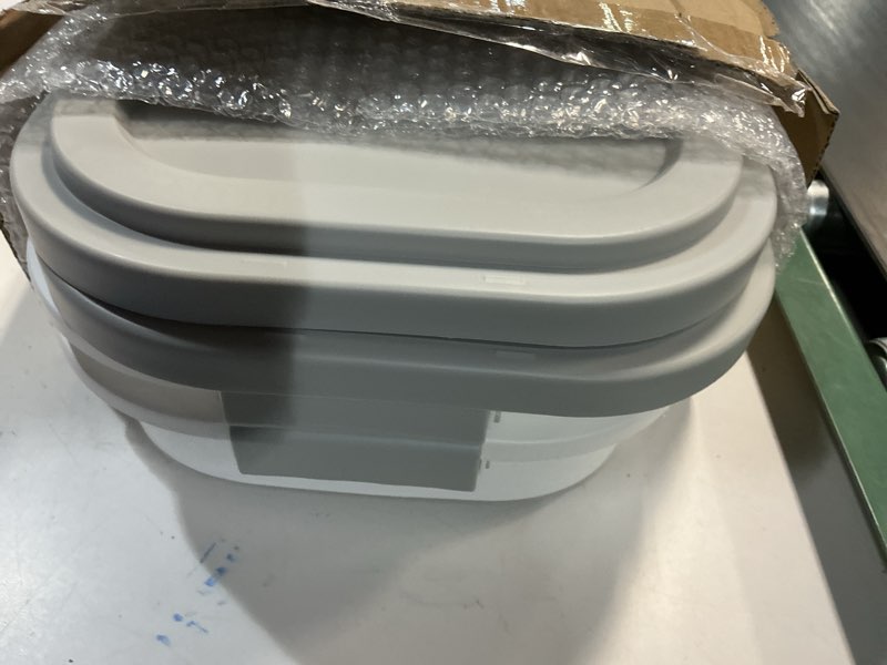 Condition photo showing As Is for sewiu dog food storage container up to 2pack*20lb,collapsible dog food container with travel silicone bowl and scoop for dog/cat/bird food/cat litter,keep dry food fresh,easy to move. 2-20lb-gray