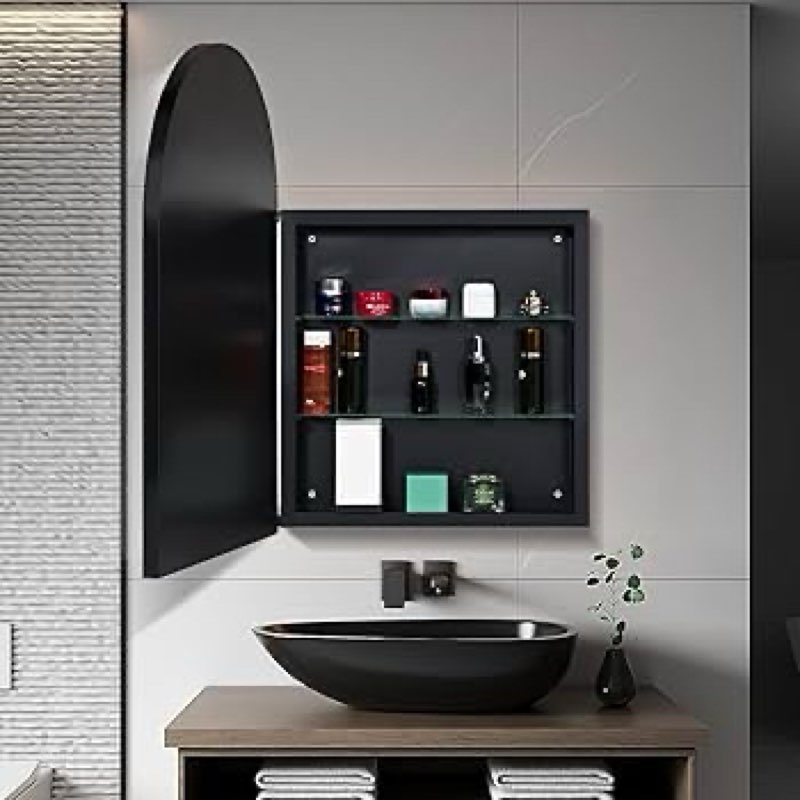 soges medicine cabinet mirror with 2 adjustable storage shelves, 36”x24” arched recessed medicine cabinet with beveled edge mirror for bathroom, wall mounted deep metal framed mirror cabinet, black