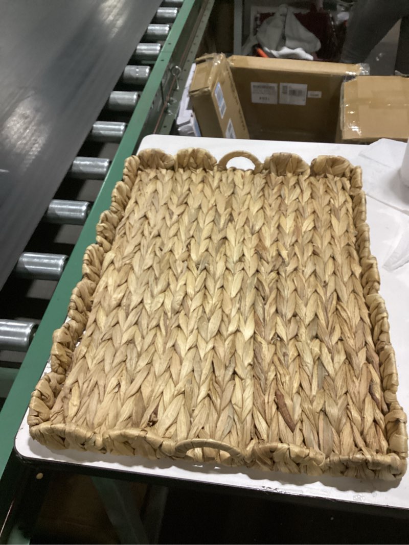 Condition photo showing Good Condition for 24" l x 18" w x 2.4" h wicker scalloped tray handwoven woven rattan serving ottoman tray with handles large water hyacinth rectangle basket for decorative organizing
